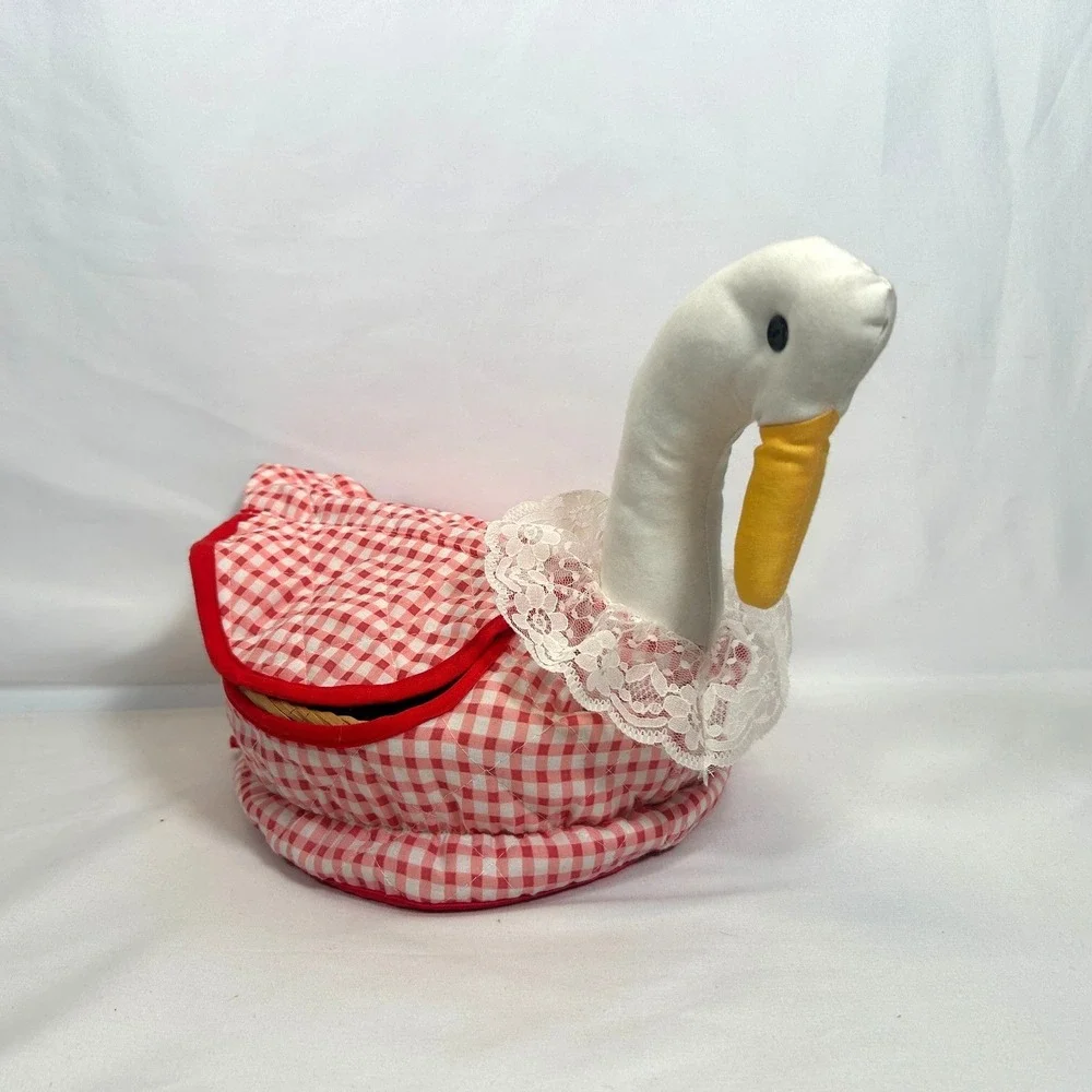 Vintage Goose Bread Basket Bun Warmer Cottage Gingham Plaid Red Country Kitchen